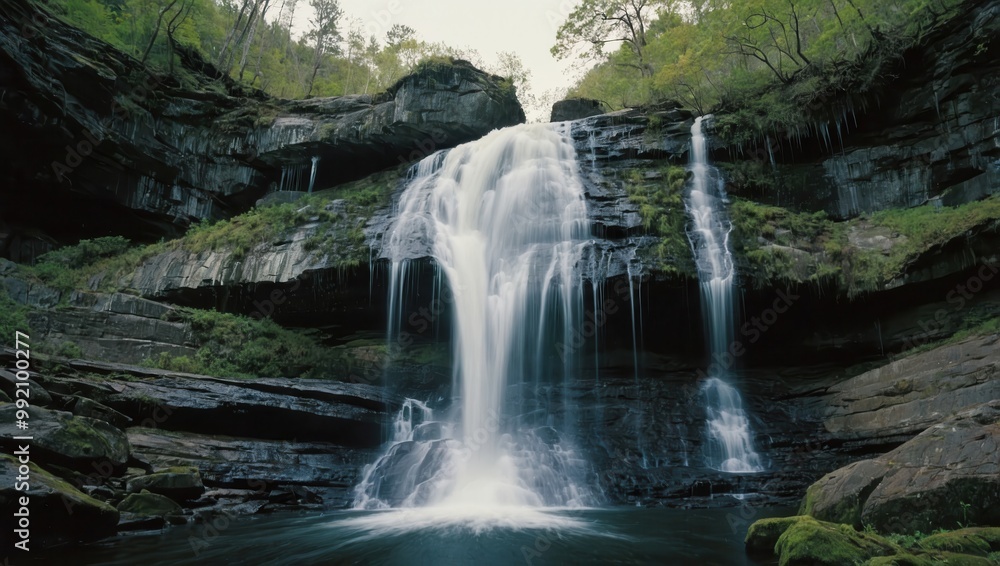 Fototapeta premium Beautiful natural landscape with cascading waterfall and lush greenery