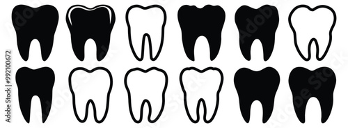 Tooth silhouettes set, dental pack of vector silhouette design, isolated background.