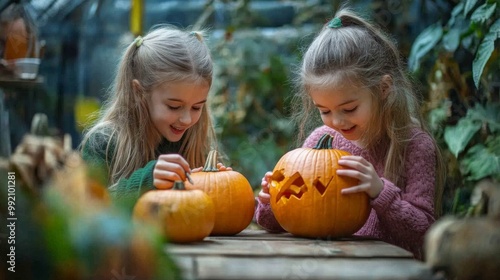 Two young girls with long hair are excitedly carving pumpkins at a wooden table in a lush, green setting, showcasing a joyful autumn activity and creativity.