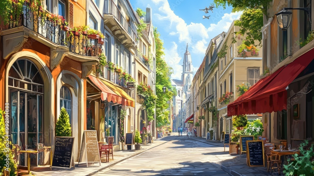 Fototapeta premium Picturesque street in a vibrant city with historic buildings, cafes, and pedestrians, captured with a realistic background