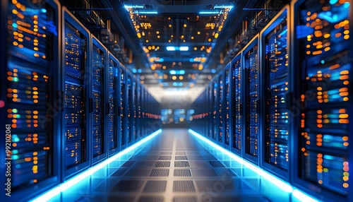 Futuristic Cloud Data Center Showcasing Rows of Servers Illuminated by Vibrant Blue LED Lights from a High Angle Perspective