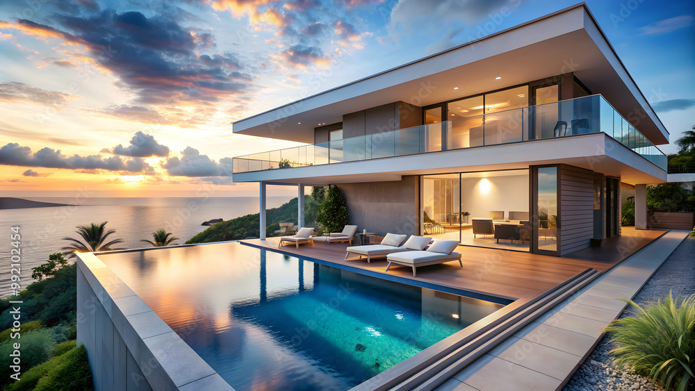 Fototapeta premium Luxury modern designer villa with infinity pool overlooking the ocean, perfect for a dream vacation , luxury, modern