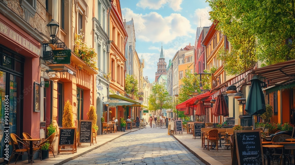 Obraz premium Picturesque street in a vibrant city with historic buildings, cafes, and pedestrians, captured with a realistic background