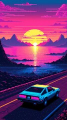 Leinwandbilder Rosa 80s pixel art of synthwave landscape with car.  © IbragimovN