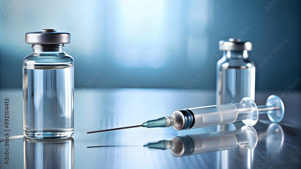 Close-up of a syringe and vial of medication on a sterile table, syringe, vial, medication, sterile, table Close-up of a syringe and vial of medication on a sterile table, syringe, vial, medication, sterile, table