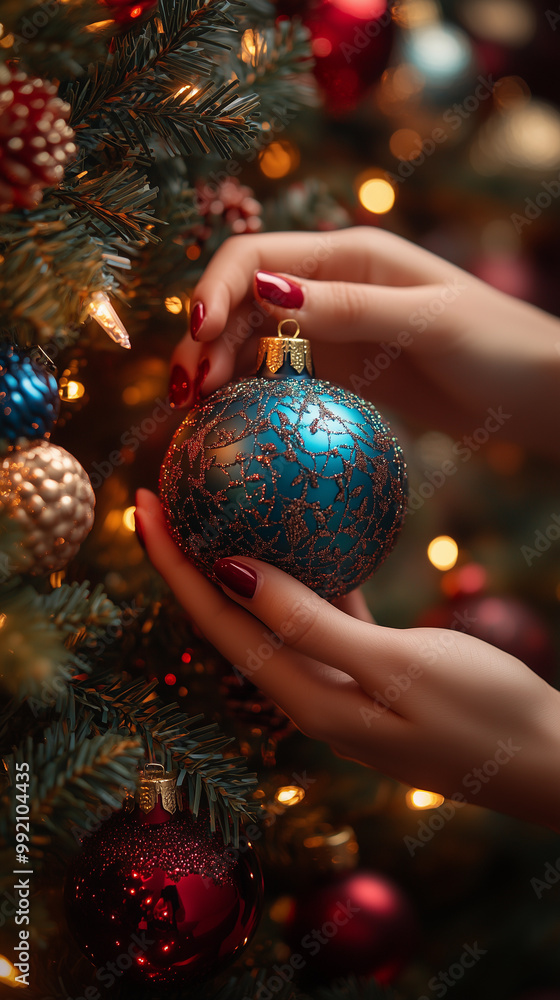 a woman holding a christmas ornament ball for the celebration of prosperity with family, accompanied by a christmas tree