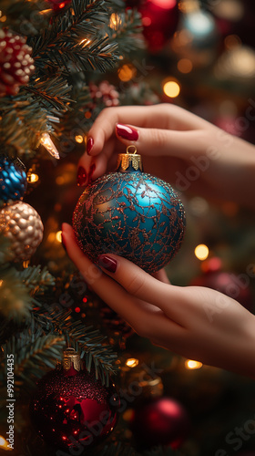 Obraz na płótnie a woman holding a christmas ornament ball for the celebration of prosperity with family, accompanied by a christmas tree w salonie