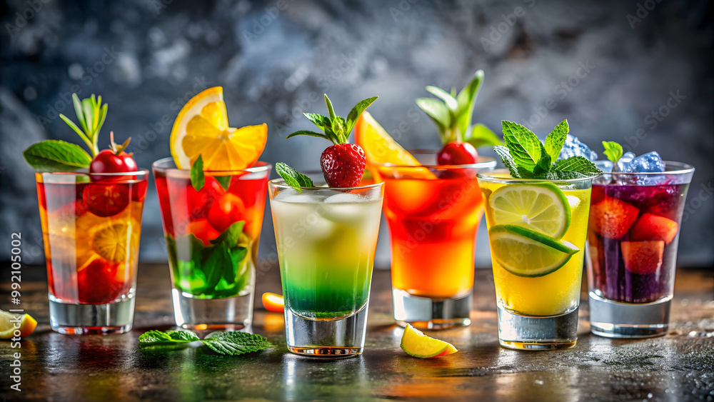 Colorful and playful cocktails served in small glasses with garnishes, cheeky, little, cocktails, fun, colorful, festive Colorful and playful cocktails served in small glasses with garnishes, cheeky, little, cocktails, fun, colorful, festive
