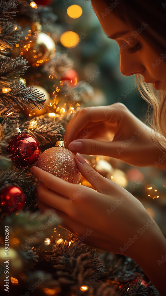 a woman holding a christmas ornament ball for the celebration of prosperity with family, accompanied by a christmas tree