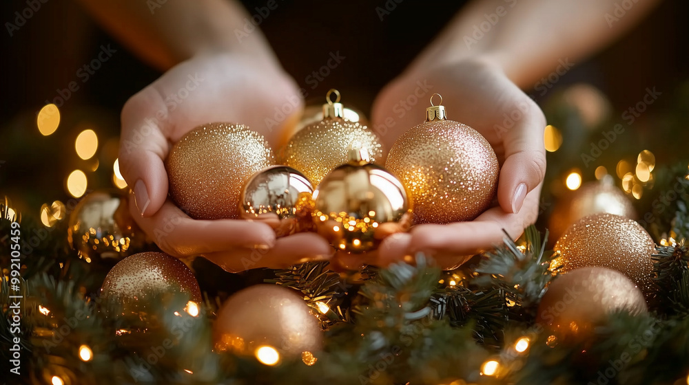 a woman holding a christmas ornament ball for the celebration of prosperity with family, accompanied by a christmas tree