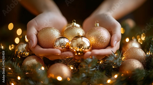 Obraz na płótnie a woman holding a christmas ornament ball for the celebration of prosperity with family, accompanied by a christmas tree w salonie