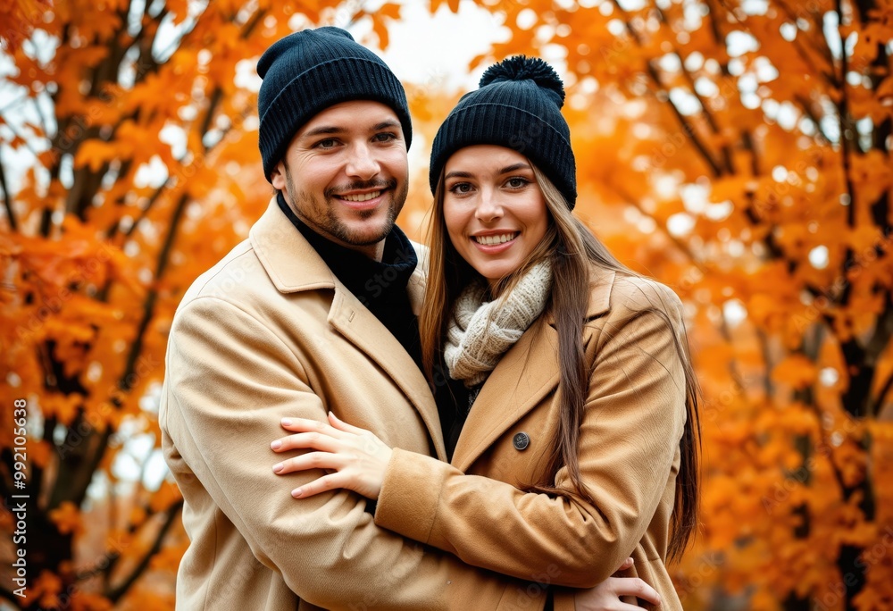 A joyful couple in autumn attire, with the man wearing a beige coat and the woman in a black beanie scarf, embrace in a park surrounded by orange trees, creating a warm and romantic atmosphere A joyful couple in autumn attire, with the man wearing a beige coat and the woman in a black beanie scarf, embrace in a park surrounded by orange trees, creating a warm and romantic atmosphere
