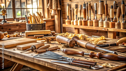 Wallpaper Mural Wood carving tools on a carpentry workshop desk for joinery and woodworking, woodworking, wood carving, tools Torontodigital.ca