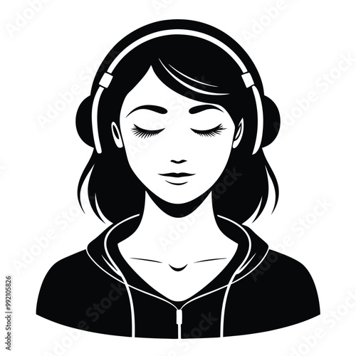 young woman with closed eyes listening to music using headphones, vaector black color silhouette