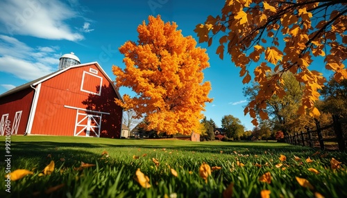 Wallpaper Mural A serene autumn scene features a red barn with a white roof, surrounded by a lush green field, a tall tree with vibrant orange leaves, and a wooden fence, all bathed in warm sunlight Torontodigital.ca