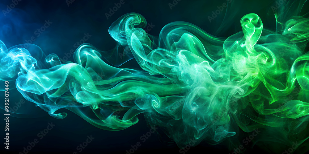 Obraz premium Vibrant green smoke swirls on dark blue background, smoke, swirls, green, vibrant, abstract, art, texture