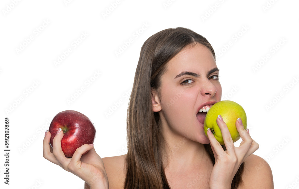 Healthy apple fruit for natural vitamin. Dieting and healthy lifestyle. Woman with healthy teeth hold apple isolated on white. Skin detox of woman. Apple organic fruit. Eat healthy. Detox Product Healthy apple fruit for natural vitamin. Dieting and healthy lifestyle. Woman with healthy teeth hold apple isolated on white. Skin detox of woman. Apple organic fruit. Eat healthy. Detox Product