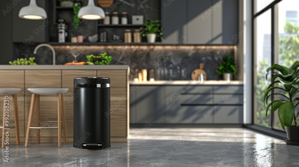 trash can with recycling logo in a kitchen of a clean and minimalist house trash can with recycling logo in a kitchen of a clean and minimalist house