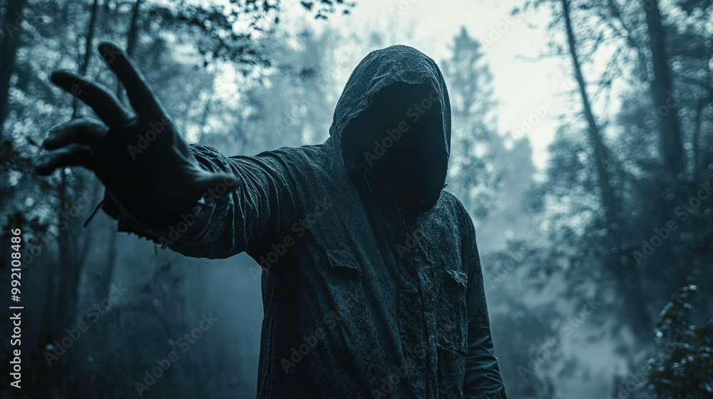 Dark Hooded Presence in a Mysterious Forest