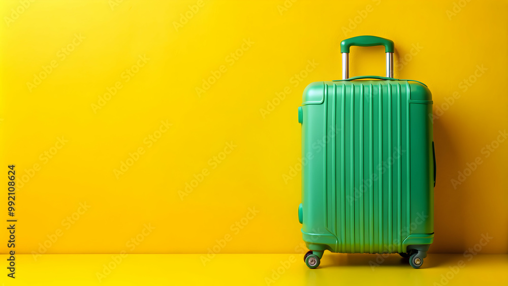 A green suitcase on a yellow background, suitcase, green, travel, luggage, vacation, adventure, tourism, trip A green suitcase on a yellow background, suitcase, green, travel, luggage, vacation, adventure, tourism, trip
