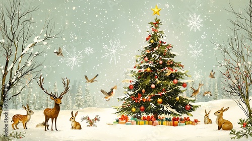 Christmas tree in snowy forest with animals