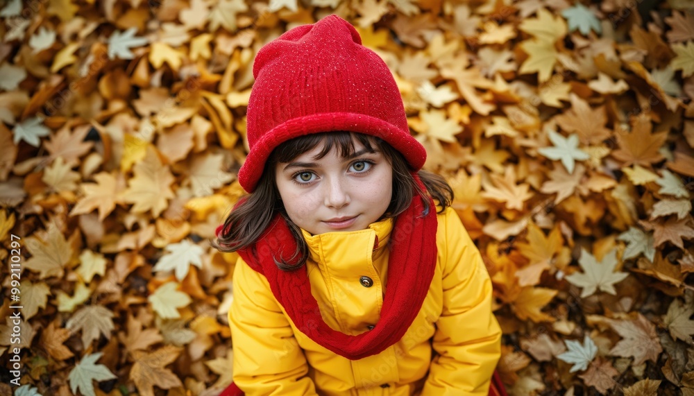 A young girl in a yellow coat and red beanie, surrounded by autumn leaves, gazes directly at the camera in a serene autumn scene A young girl in a yellow coat and red beanie, surrounded by autumn leaves, gazes directly at the camera in a serene autumn scene