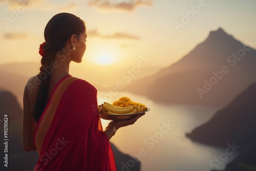 Chhath Puja background. Ancient Sandhya arghya day. Lady near the river to worship Surya, the sun god and his sister Chhathi Maiya photo