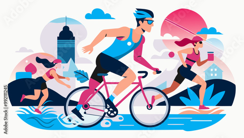 Triathlon activity icons: swimming, bicycle, running. Simple sports pictogram set. Isolated logo graphics.
