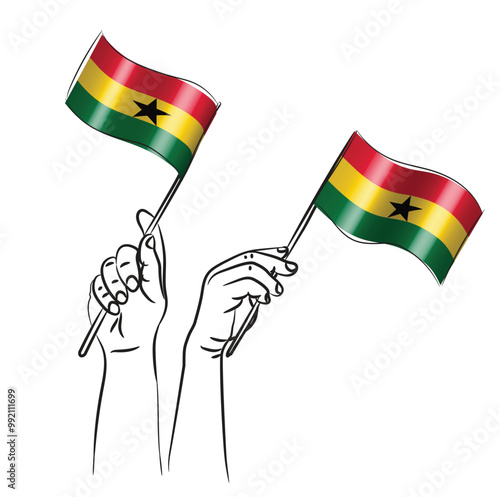 Scalable and editable eps vector Outline line stroke contour art of hands holding national waving flag of Ghana