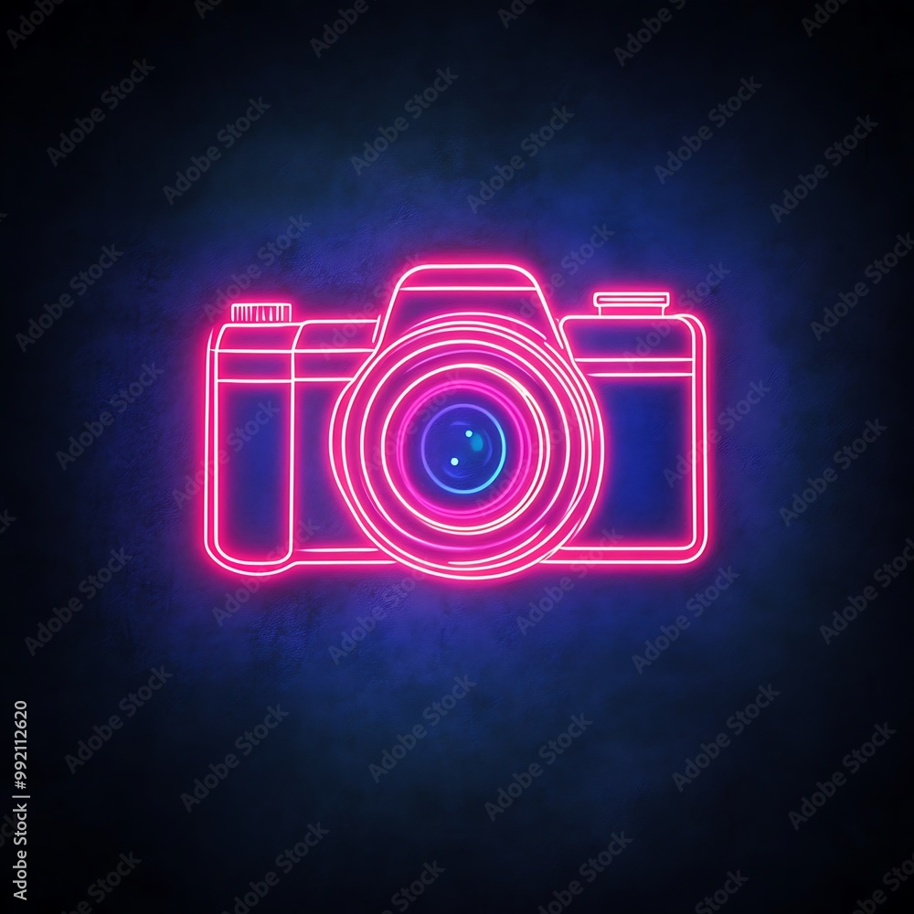 Neon pink camera icon on a dark background. Neon pink camera icon on a dark background.