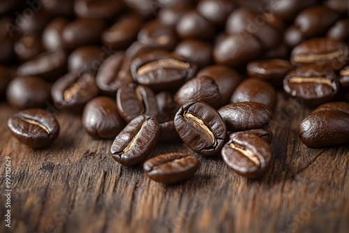 Close-Up of Freshly Roasted Coffee Beans on Wood Surface.