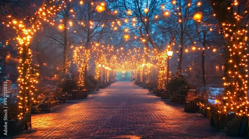 Twinkling lights illuminate a serene park pathway surrounded by trees, creating a magical atmosphere in the chilly evening. Twinkling lights illuminate a serene park pathway surrounded by trees, creating a magical atmosphere in the chilly evening.