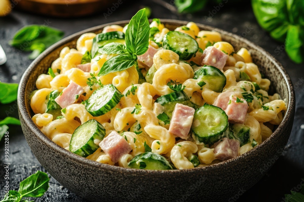 creamy macaroni salad with savory ham, fresh cucumbers a delightful banner for a refreshing dish concept creamy macaroni salad with savory ham, fresh cucumbers a delightful banner for a refreshing dish concept