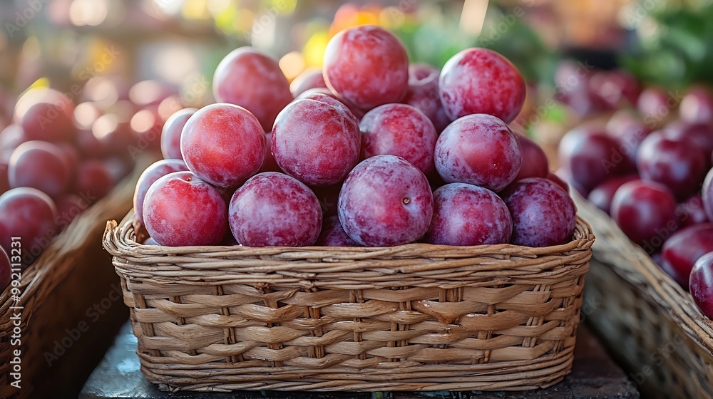 Plums arranged a wicker basket at a vibrant farmers market with the early morning light creating a warm and inviting atmosphere perfect for a fresh and organic look Scientific name Prunus domestica Plums arranged a wicker basket at a vibrant farmers market with the early morning light creating a warm and inviting atmosphere perfect for a fresh and organic look Scientific name Prunus domestica