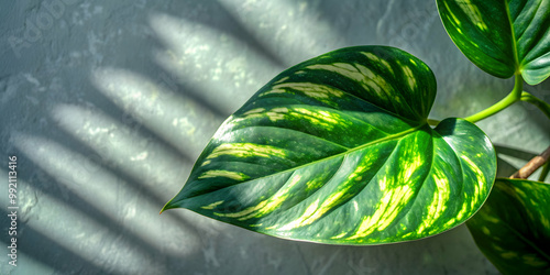 Green variegated leave hanging scindapsus pictus exotica plant with background and shadows , tropical, houseplant photo