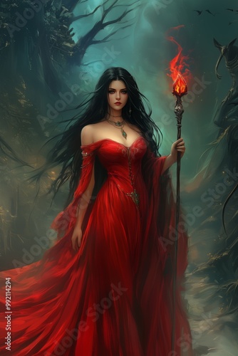 A mysterious woman in a flowing red dress holding a torch in an enchanted forest at twilight