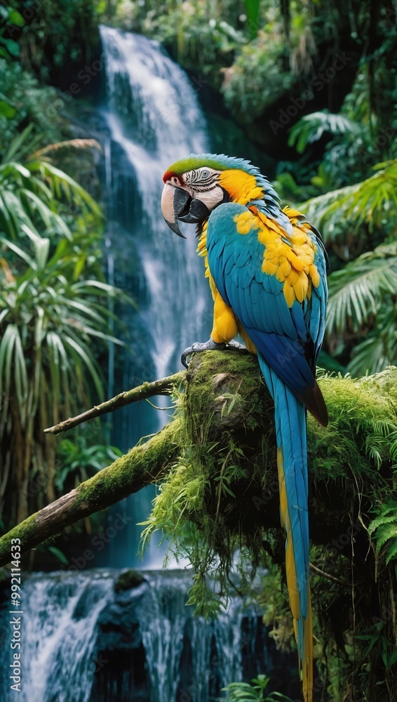 Macaw perched on branch in tropical landscape with lush foliage and waterfall Macaw perched on branch in tropical landscape with lush foliage and waterfall