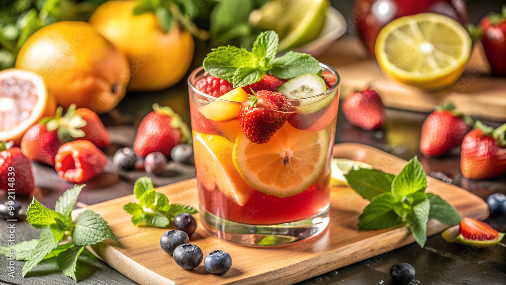 Mixed fruit punch with fresh berries and citrus on wooden board Mixed fruit punch with fresh berries and citrus on wooden board