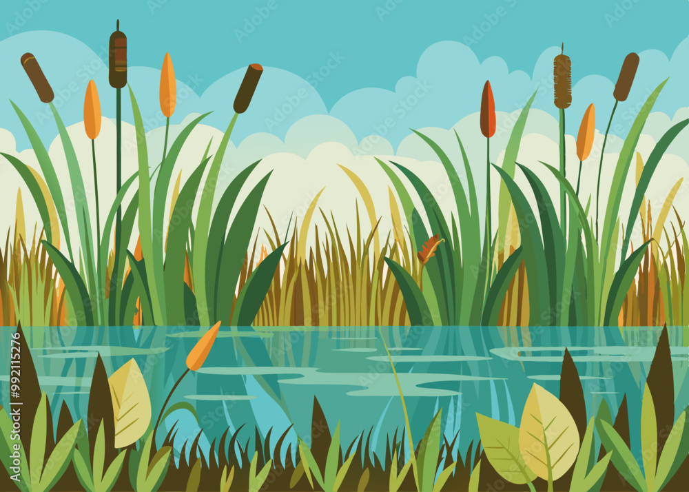 Swamp grass seamless border, vector reed plant, marsh bush, pond ...
