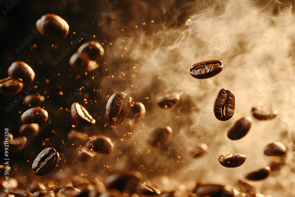 Dynamic shot of coffee beans being tossed into the air with smoky. Dynamic shot of coffee beans being tossed into the air with smoky.
