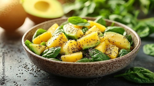 Quince spinach salad served ceramic bowl avocado slices chia seeds placed sunlit table soft light greenery blurred the background showcasing its role in a healthy diet Scientific name Cydonia oblonga photo