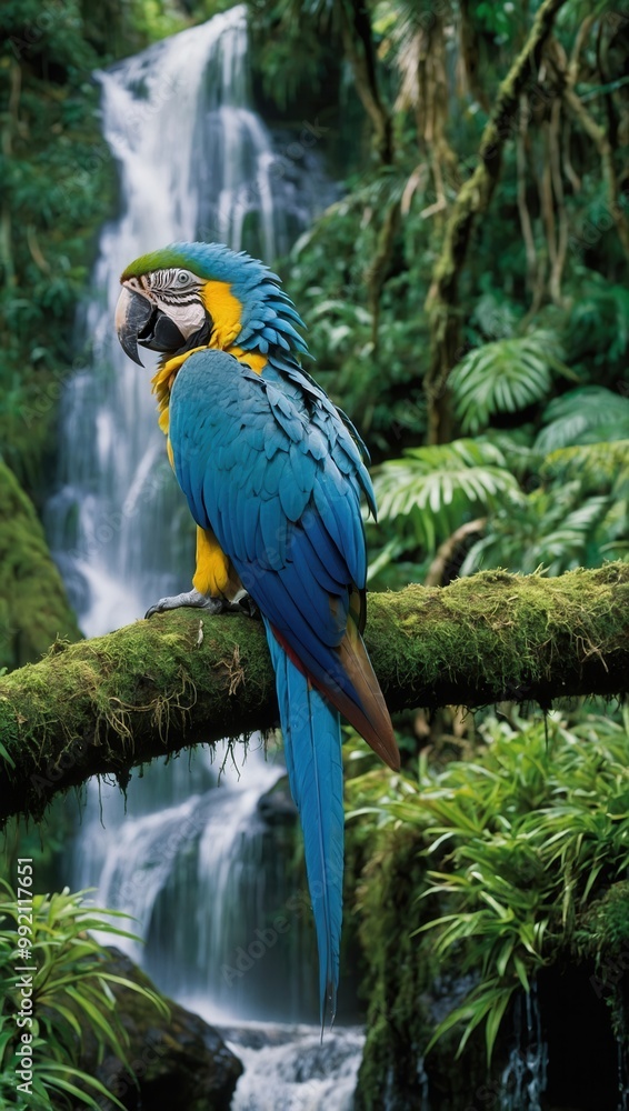 Obraz premium Bright Tui Parakeet perched on branch in lush rainforest with waterfall