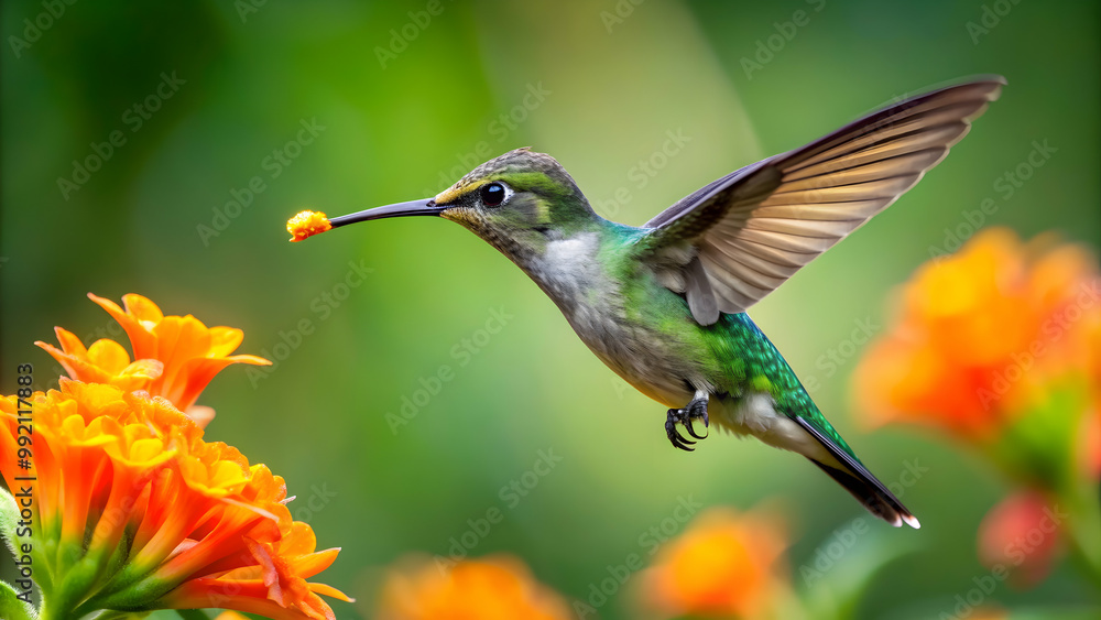 Tiny green colibri flying near an orange blooming flower, colibri, hummingbird, green, small, bird, flying, orange, bloom Tiny green colibri flying near an orange blooming flower, colibri, hummingbird, green, small, bird, flying, orange, bloom