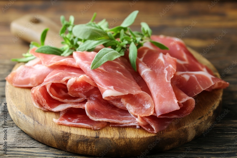 Prosciutto slices with rosemary lying on wooden cutting board Prosciutto slices with rosemary lying on wooden cutting board