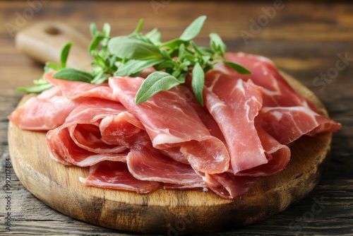 Prosciutto slices with rosemary lying on wooden cutting board