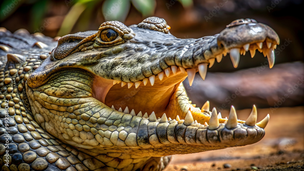 Fototapeta premium A close-up photo of a fierce crocodile with sharp teeth and textured skin, reptile, predator, wildlife, dangerous, carnivore
