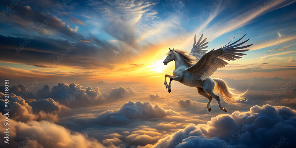 Majestic winged horse flying in a mystical sky above clouds, Pegasus ...