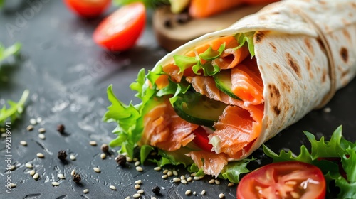 Close-Up Salmon and Vegetable Wrap Sandwich with Copy Space on Grey Background