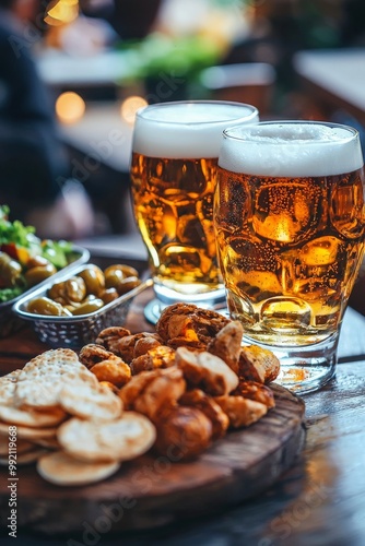 Close-up of beer glasses with snacks on a bar table. Beer glasses and snacks for happy hour.