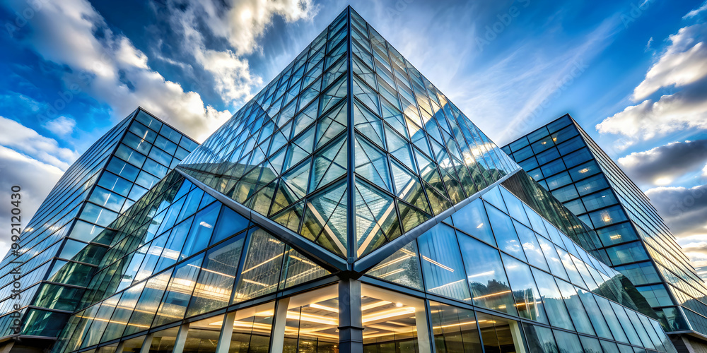 Fototapeta premium Bottom angle view of modern geometric glass building with unique design , futuristic, architecture, futuristic architecture